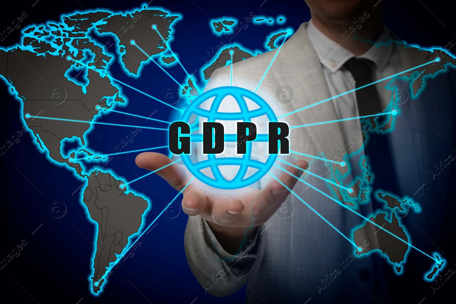 Image of General Data Protection Regulation. Man holding globe with lines leading to different parts of world on dark blue background, closeup