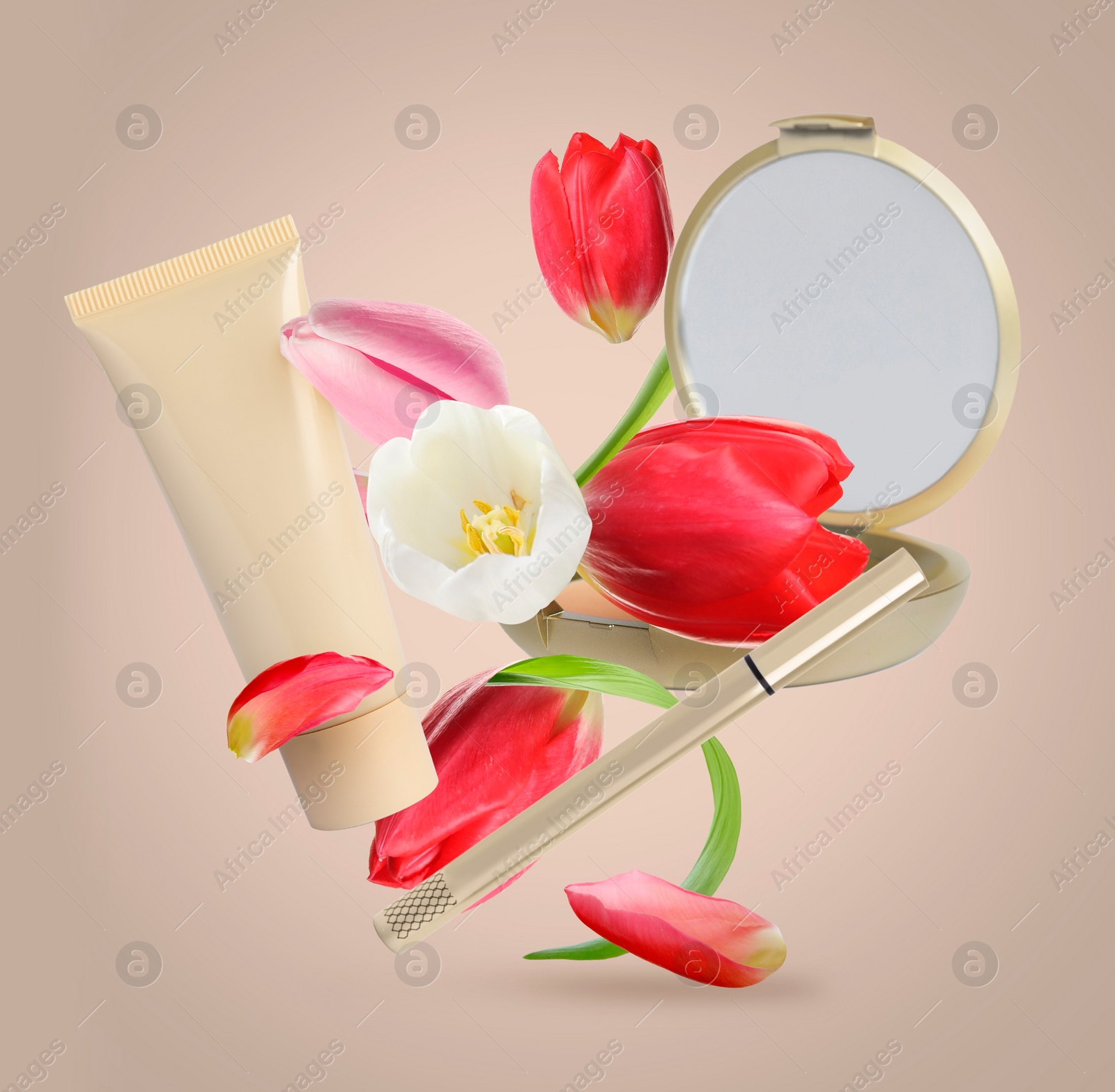 Image of Spring flowers and makeup products in air on dark beige background