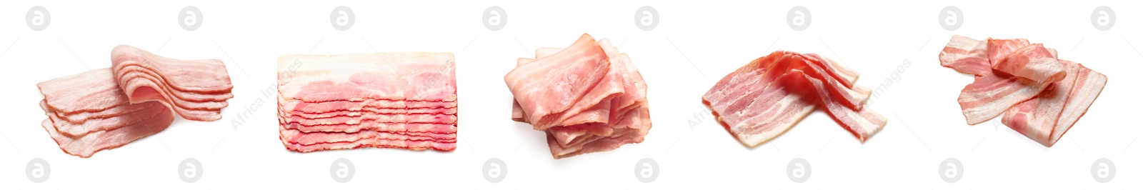 Image of Set with bacon slices on white background. Banner design