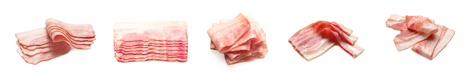 Image of Set with bacon slices on white background. Banner design