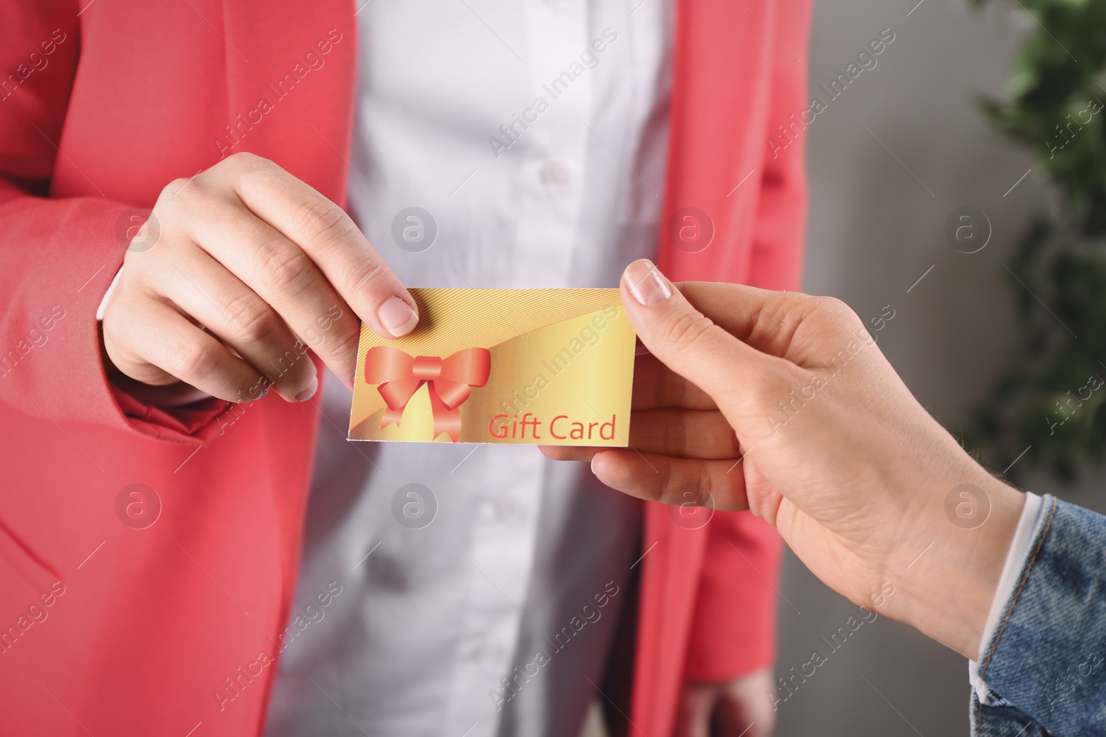 Photo of Women with gift card on blurred background, closeup 