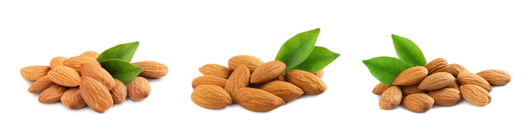 Set with tasty almond nuts on white background. Banner design