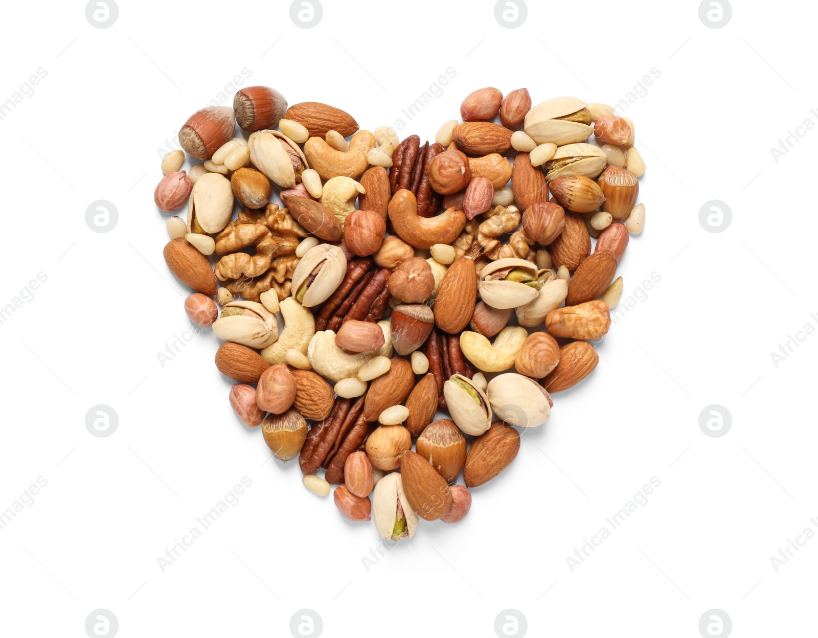 Photo of Heart made of different nuts on white background, flat lay