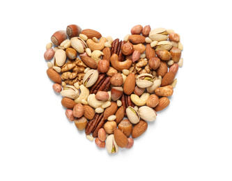 Photo of Heart made of different nuts on white background, flat lay