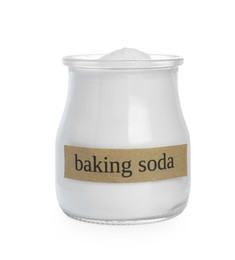 Photo of Jar of baking soda isolated on white