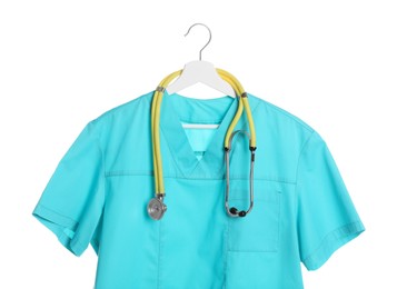 Turquoise medical uniform and stethoscope isolated on white