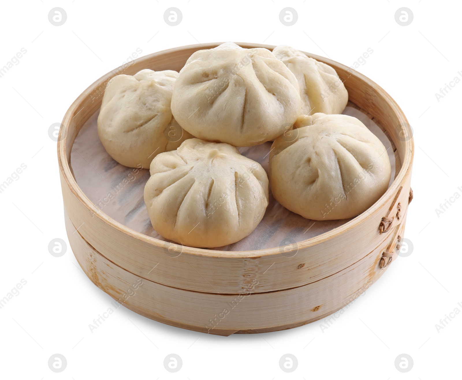 Photo of Delicious bao buns (baozi) in bamboo steamer isolated on white