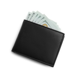 Stylish black leather wallet with money isolated on white, top view
