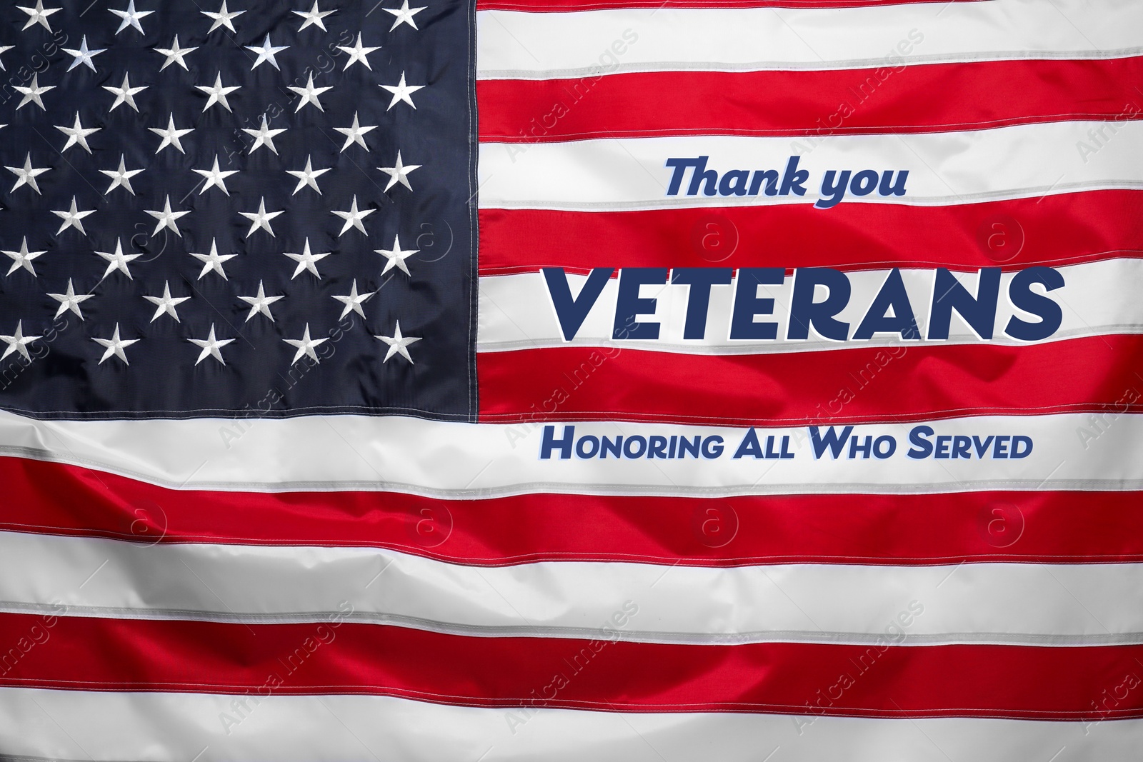 Image of Veterans day. Honoring all who served. American flag as background, closeup