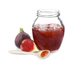 Photo of Delicious fig jam, fresh fruits and spoon on white background