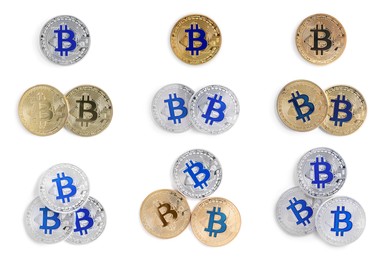 Collage with different bitcoins on white background, top view