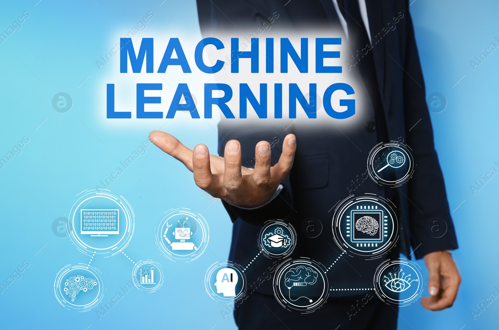 Image of Man demonstrating machine learning model with linked icons on blue background, closeup