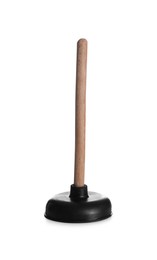 Plunger with wooden handle isolated on white. Pipe cleaning tool