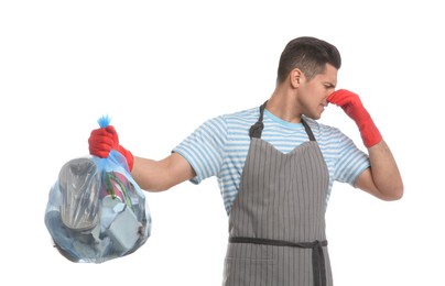 Photo of Man holding full garbage bag on white background