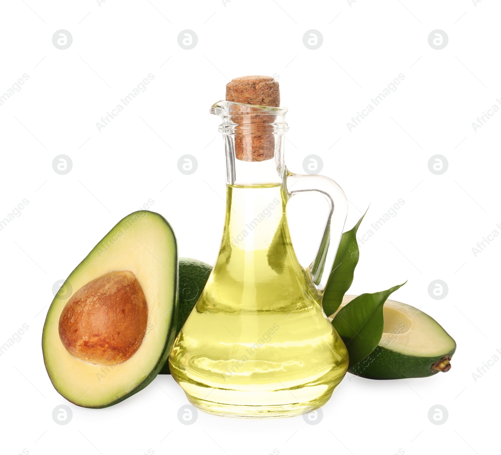 Photo of Cooking oil and fresh avocados isolated on white