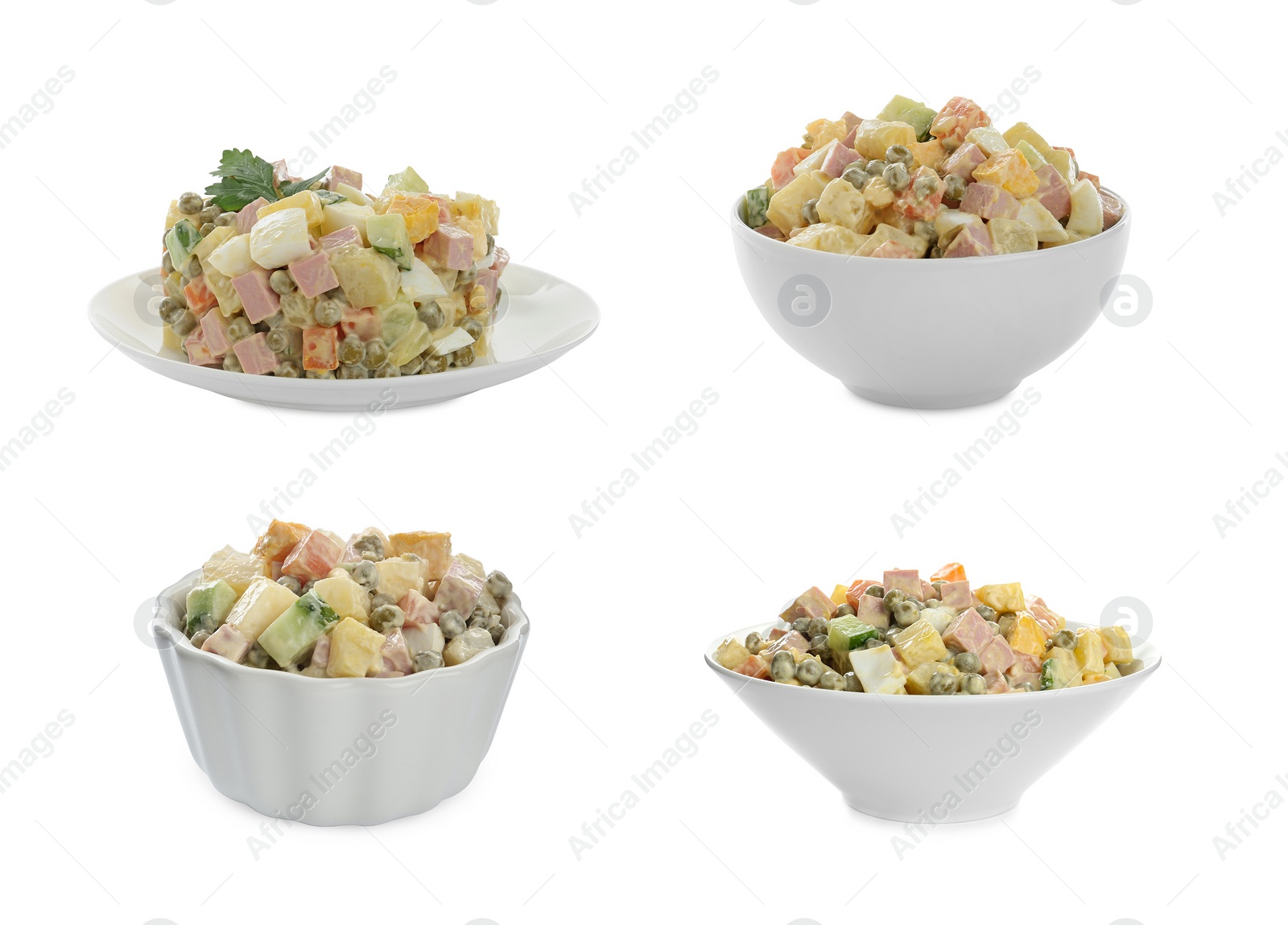 Image of Set of traditional russian salad Olivier on white background