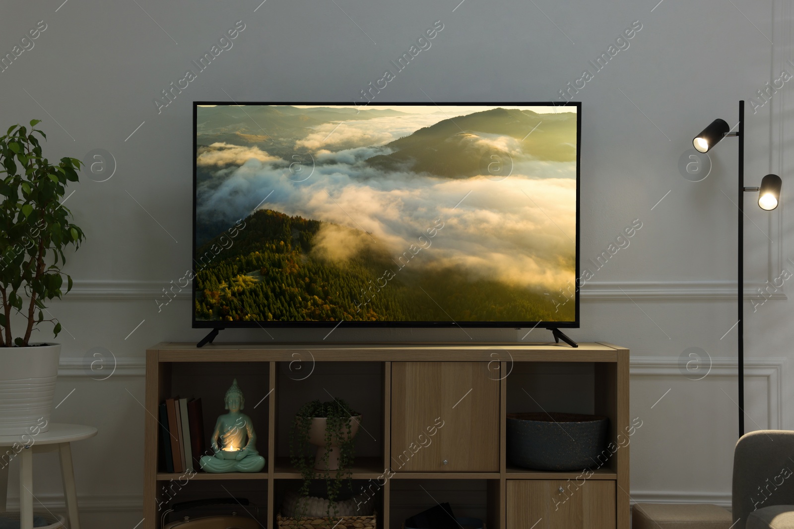 Image of Modern TV set on wooden stand in room. Scene of nature themed movie on screen