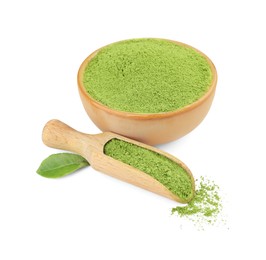 Photo of Leaf, bowl and scoop with matcha powder isolated on white