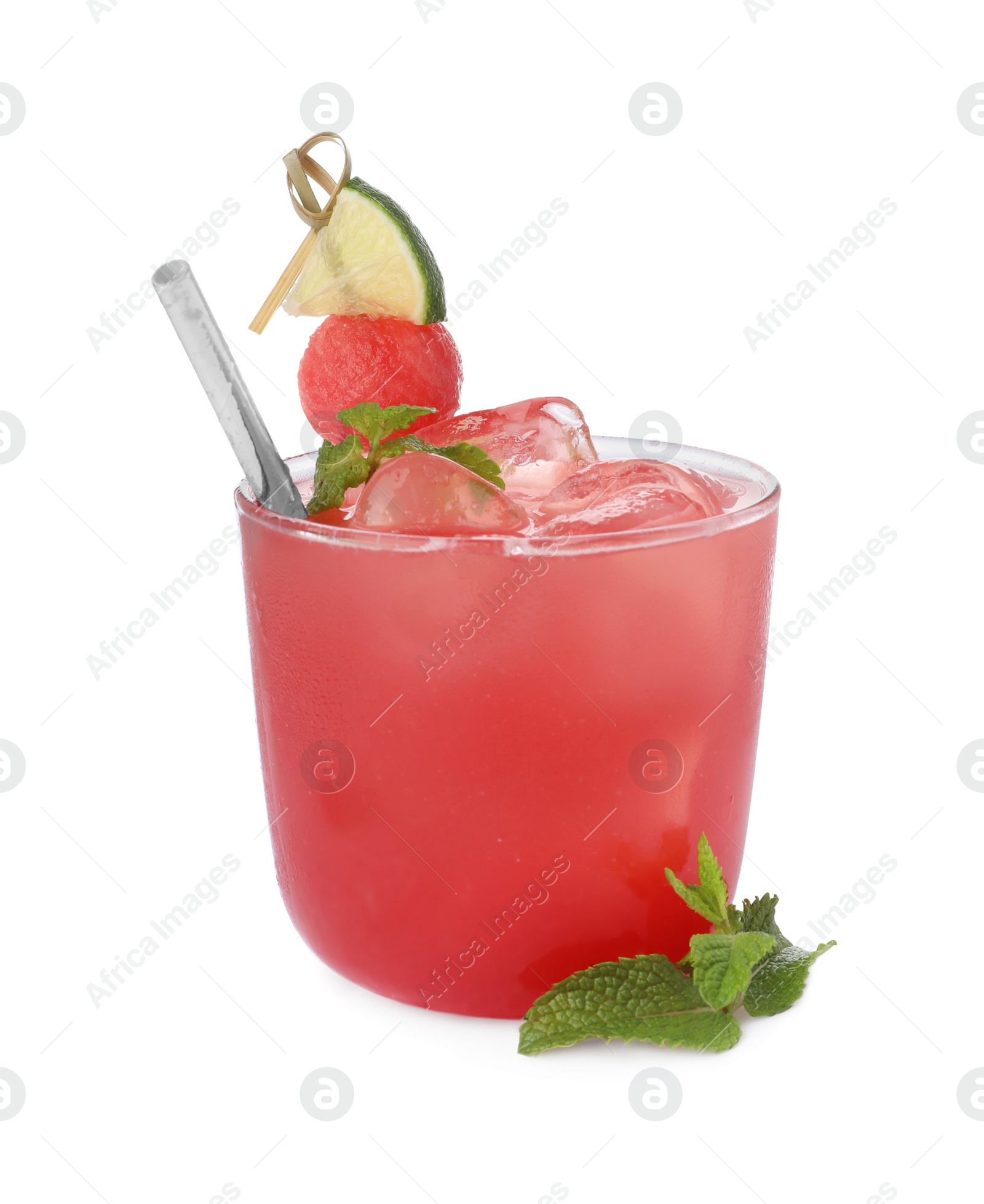 Photo of Tasty watermelon drink and mint on white background