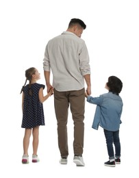 Photo of Children with their father on white background, back view