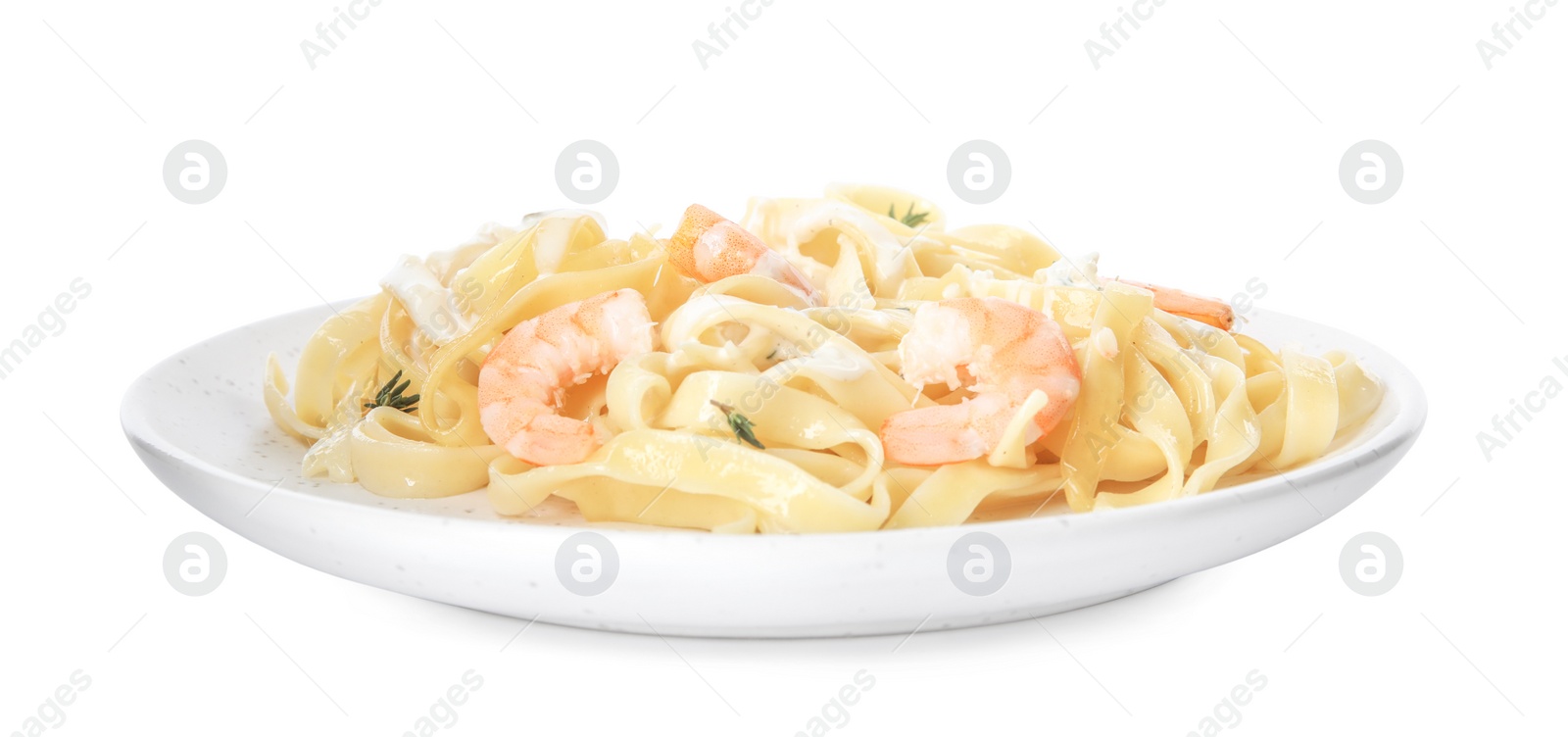 Photo of Delicious pasta with shrimps isolated on white