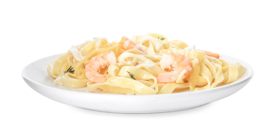 Photo of Delicious pasta with shrimps isolated on white