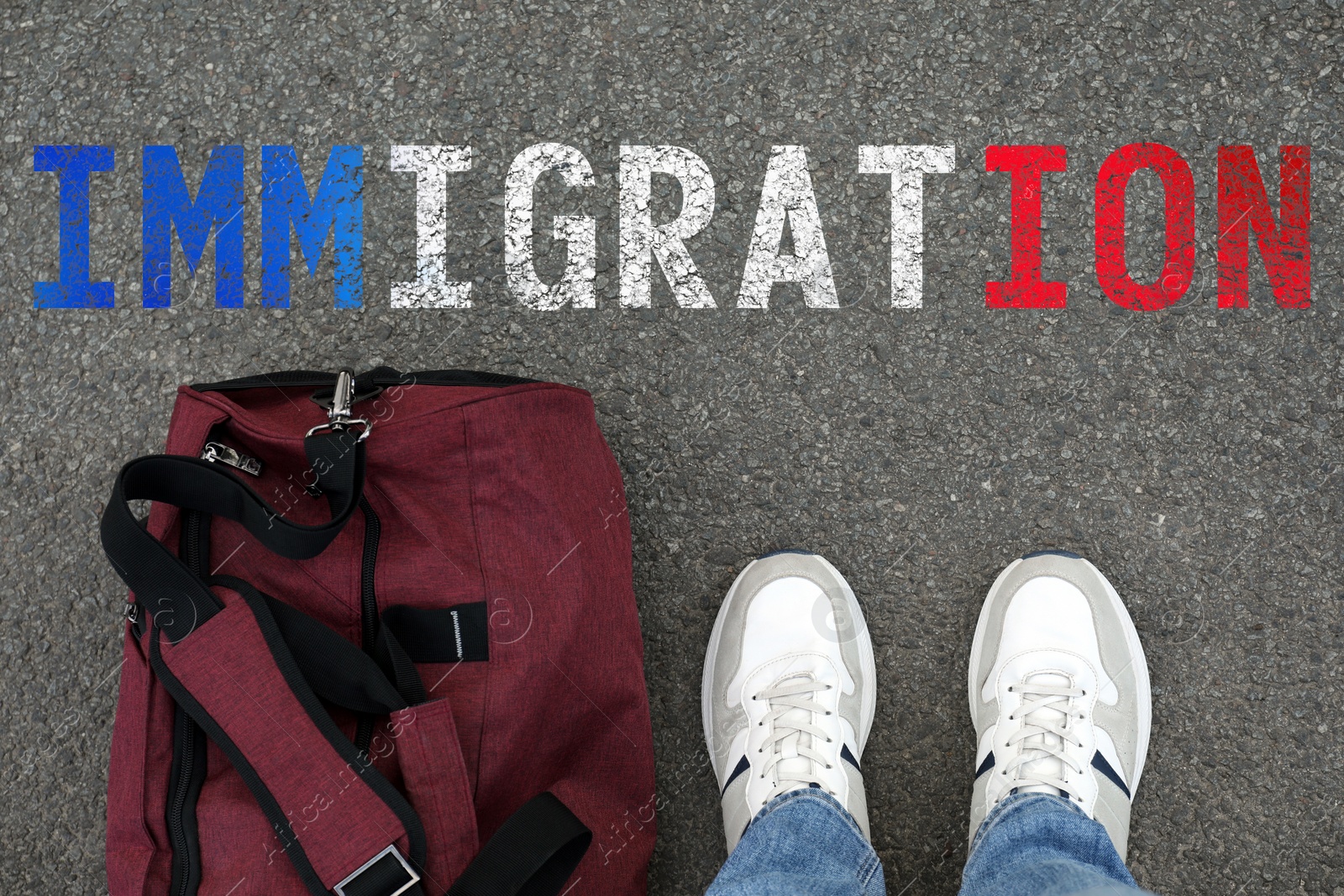 Image of Man with bag standing on asphalt near word Immigration in colors of flag of France, top view