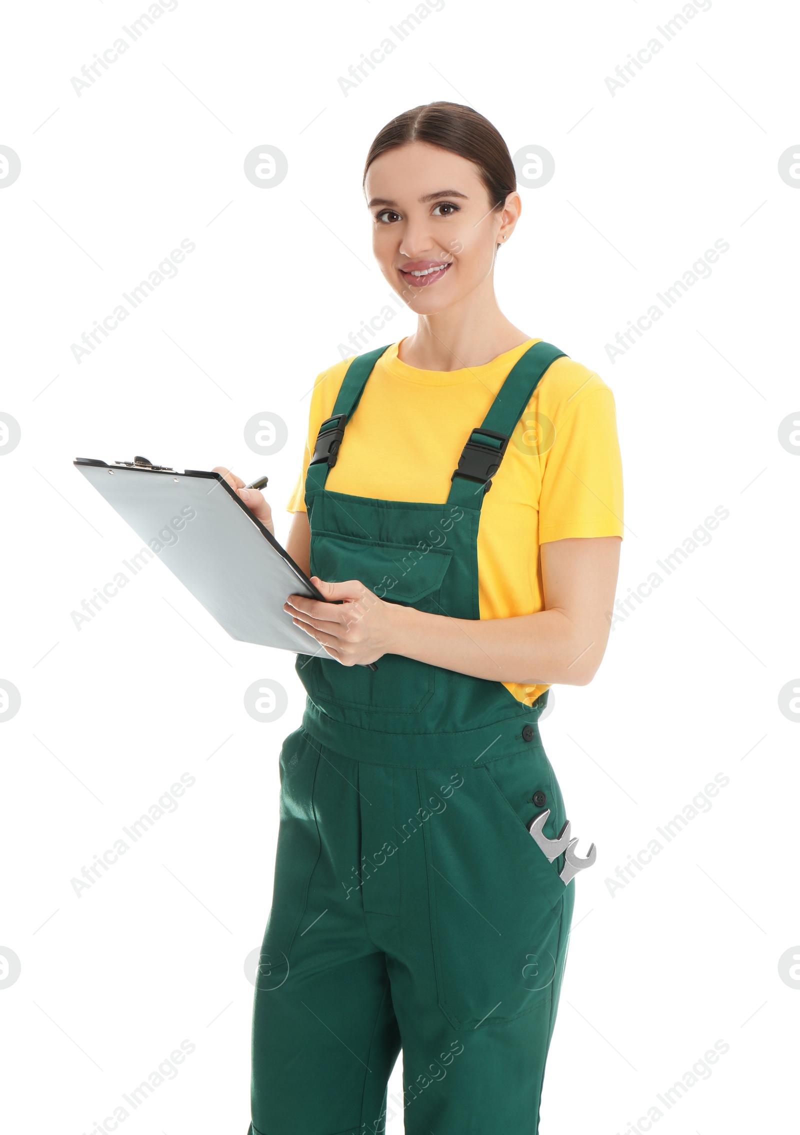 Photo of Portrait of professional auto mechanic with clipboard on white background