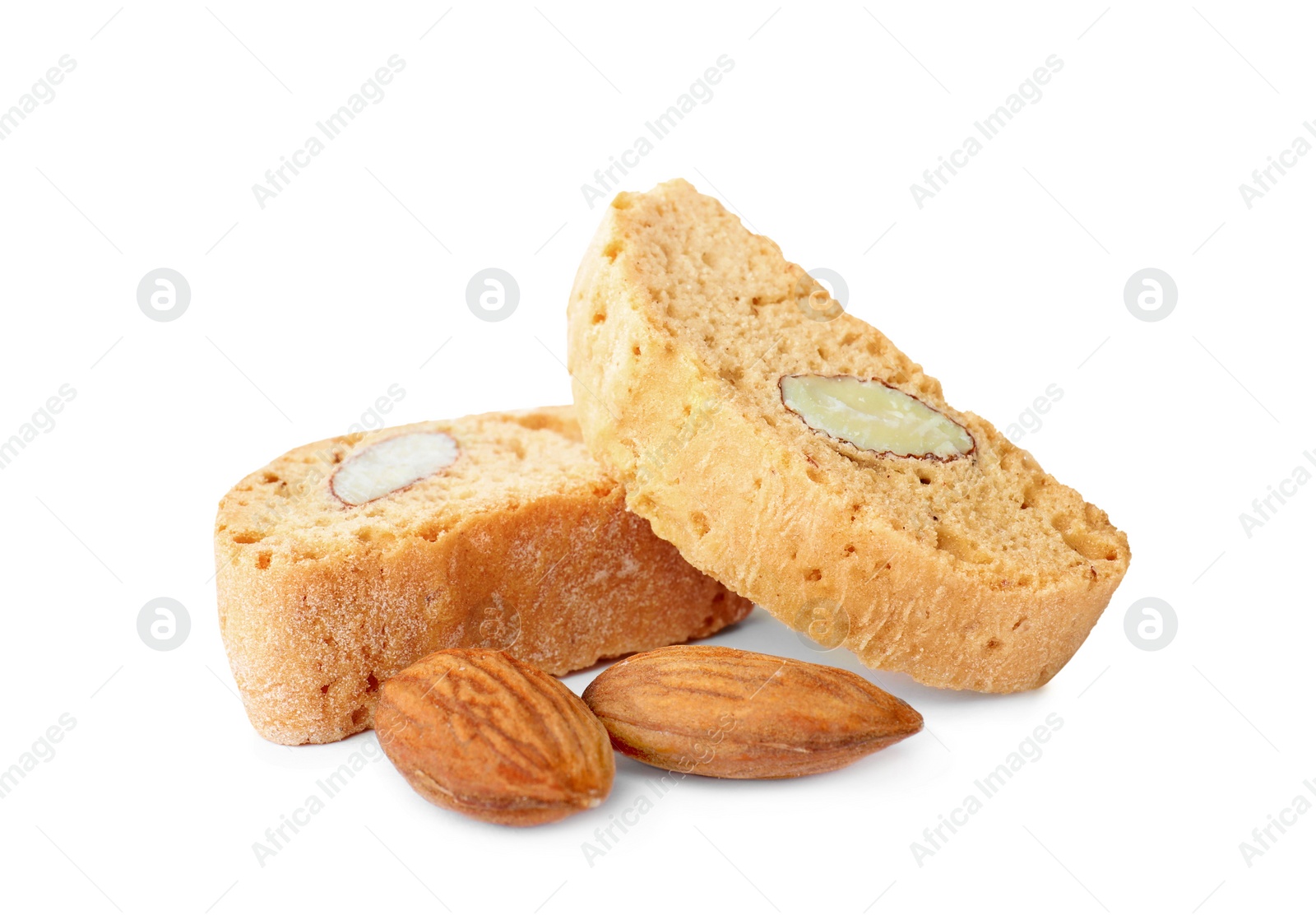 Photo of Slices of tasty cantucci and nuts on white background. Traditional Italian almond biscuits