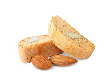 Slices of tasty cantucci and nuts on white background. Traditional Italian almond biscuits