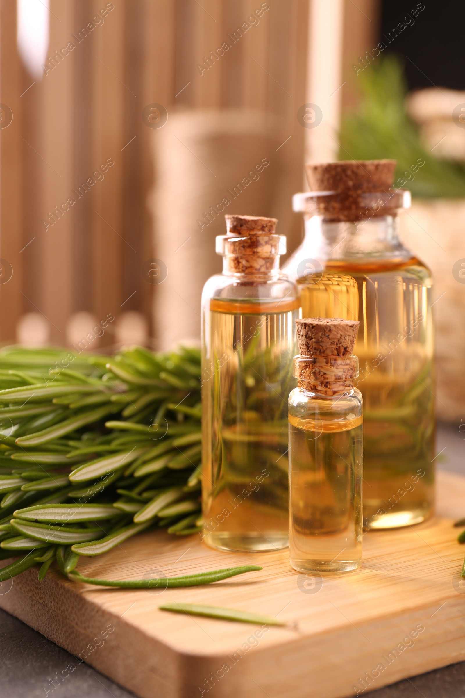 Photo of Essential oil in bottles and rosemary on table