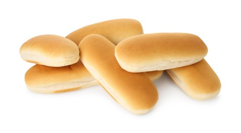 Photo of Many fresh hot dog buns isolated on white