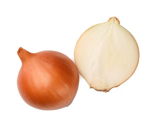 Whole and cut onions on white background, top view