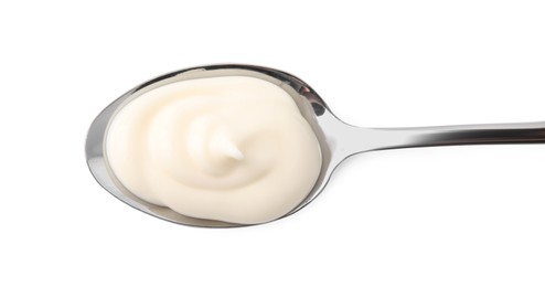 Photo of Spoon with tasty mayonnaise isolated on white, top view