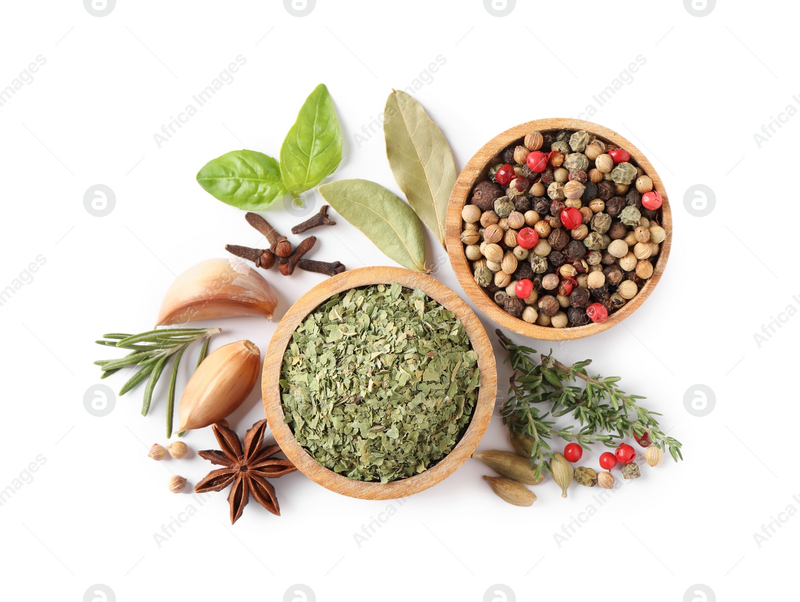 Photo of Different natural spices and herbs on white background, top view