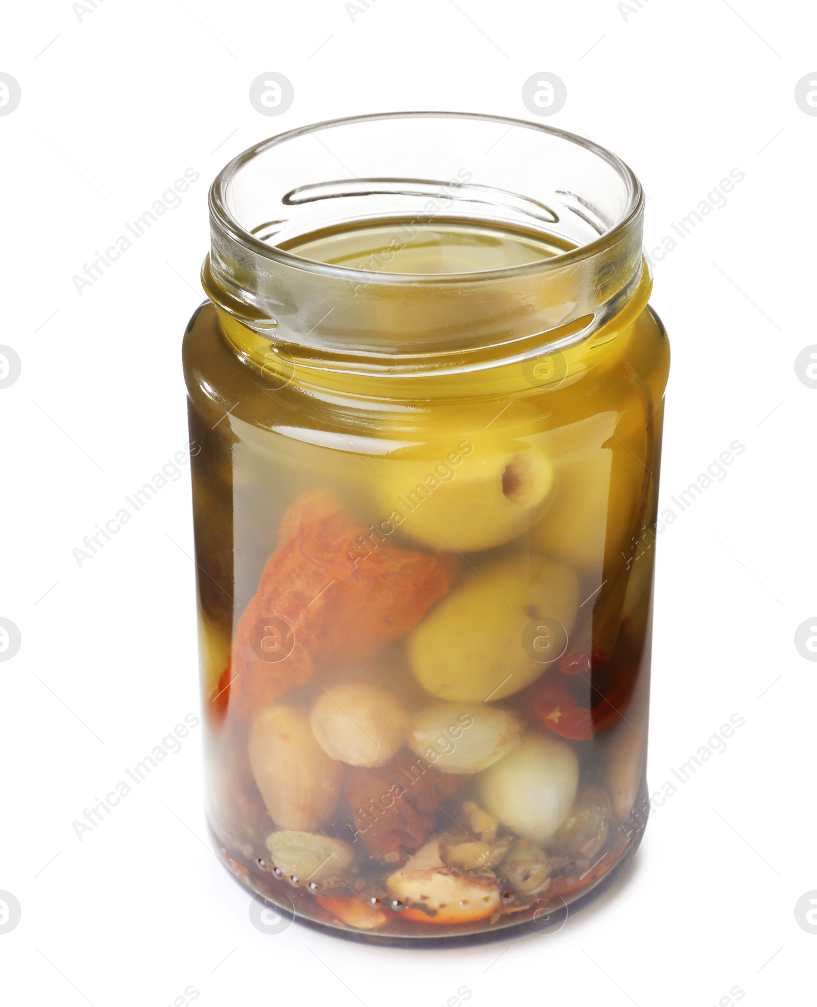 Photo of Jar with pickled vegetables on white background