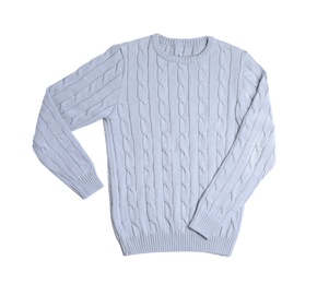 Photo of Light knitted sweater on white background, top view