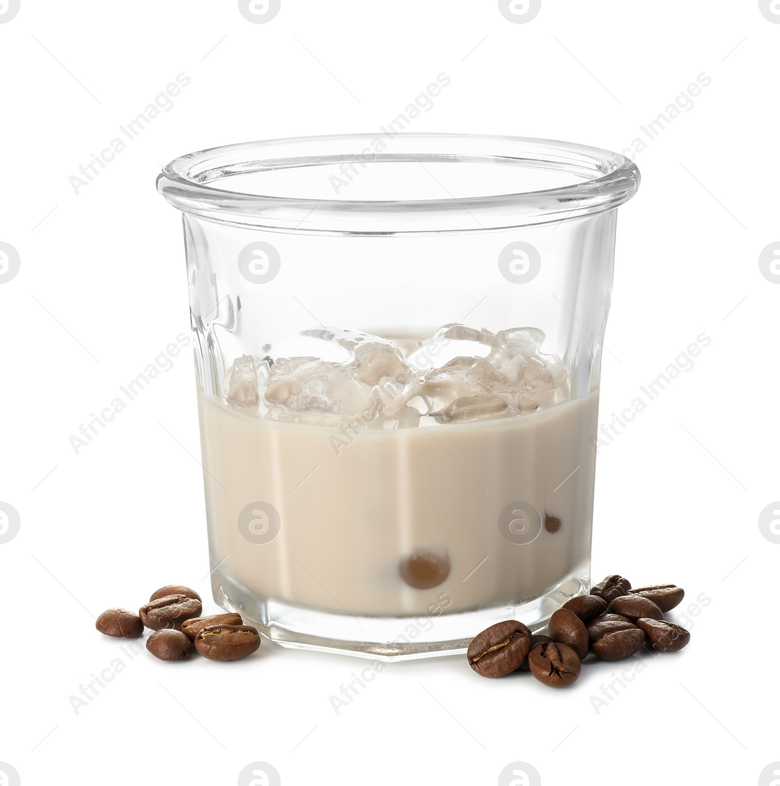 Photo of Glass of coffee cream liqueur with ice cubes and beans isolated on white