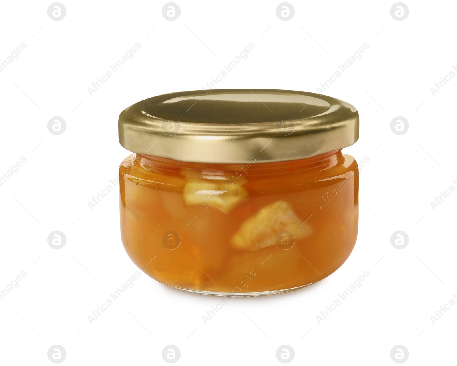 Photo of Tasty apple jam in glass jar isolated on white