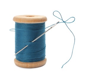 Light blue sewing thread with needle on white background