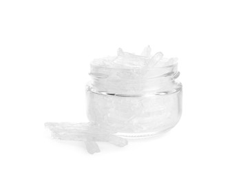 Photo of Menthol crystals in jar on white background