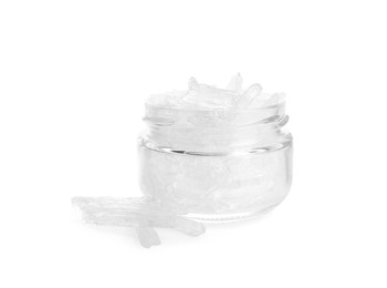 Menthol crystals in jar on white background