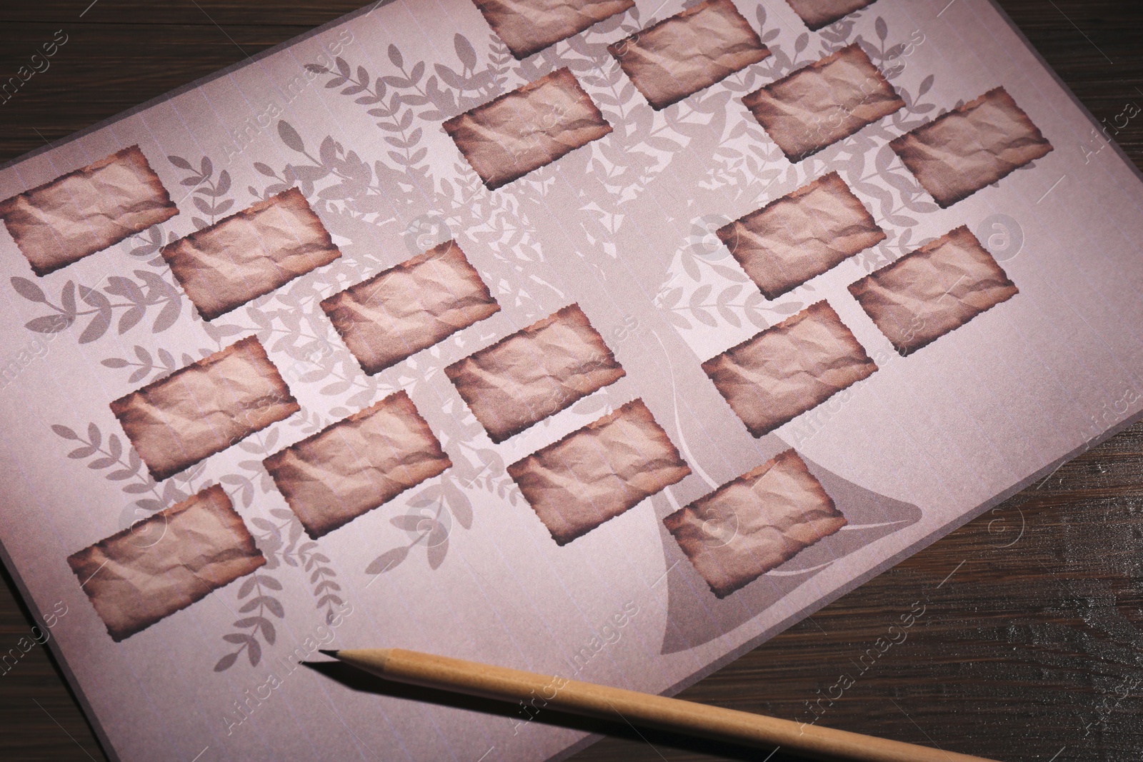 Photo of Blank family tree and pencil on wooden table, closeup