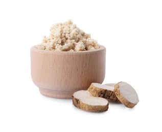 Bowl of tasty prepared horseradish and cut root isolated on white