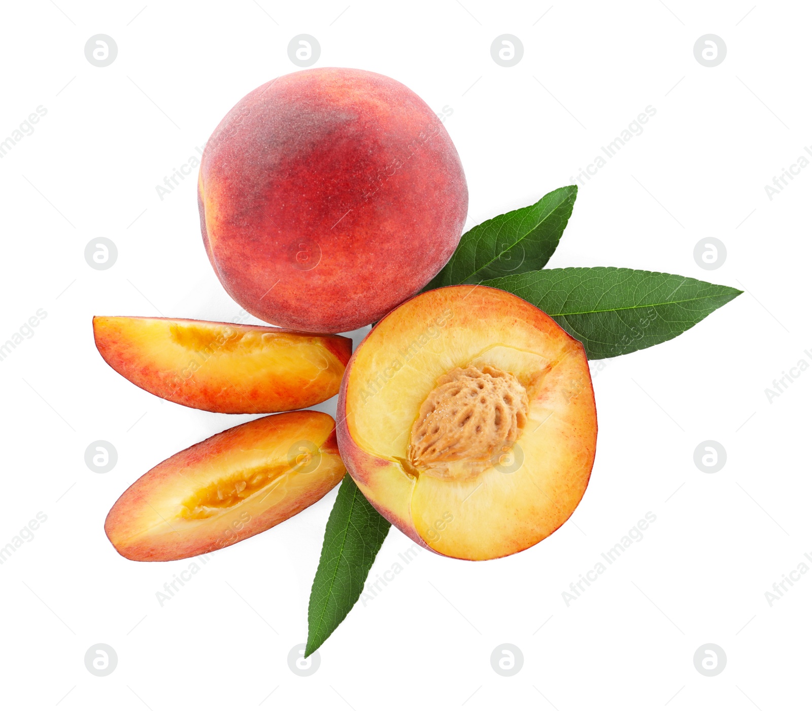 Photo of Sweet juicy peaches with leaves on white background, top view