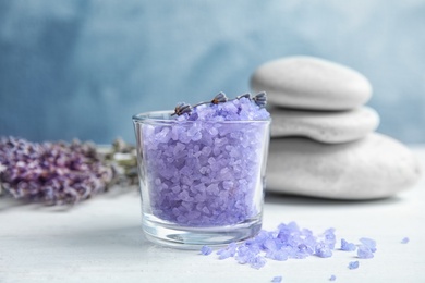 Photo of Composition with lavender flowers and natural cosmetic on table