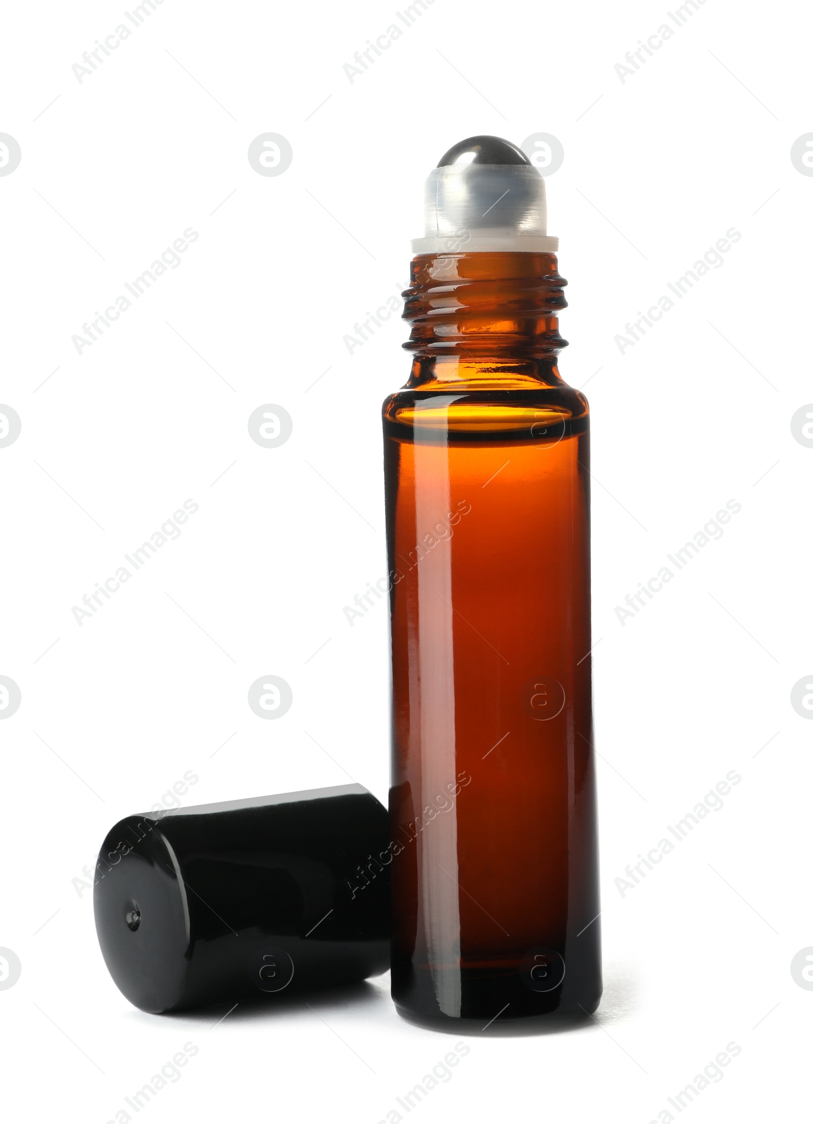 Photo of Bottle of essential oil isolated on white