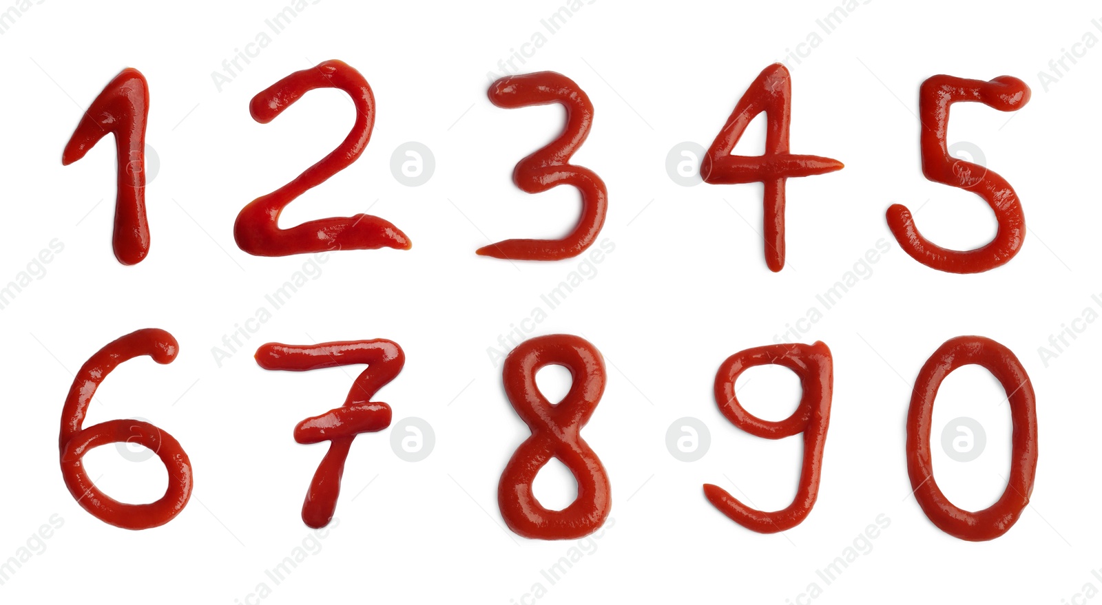 Image of Numbers made of ketchup on white background