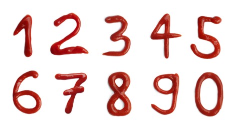 Image of Numbers made of ketchup on white background