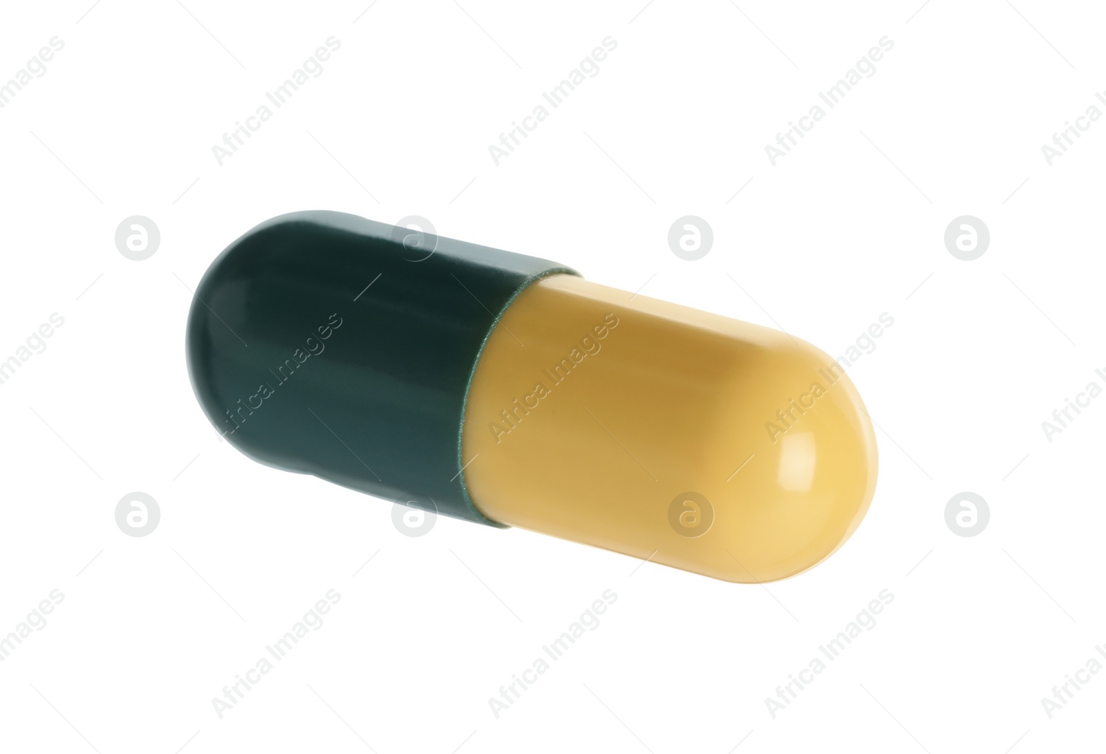 Photo of One pill isolated on white. Medicinal treatment